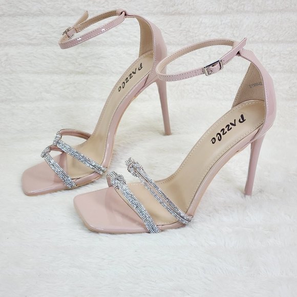 Symm Nude Patent With Rhinestone Strap High Heel Stiletto Shoes - Picture 1 of 15